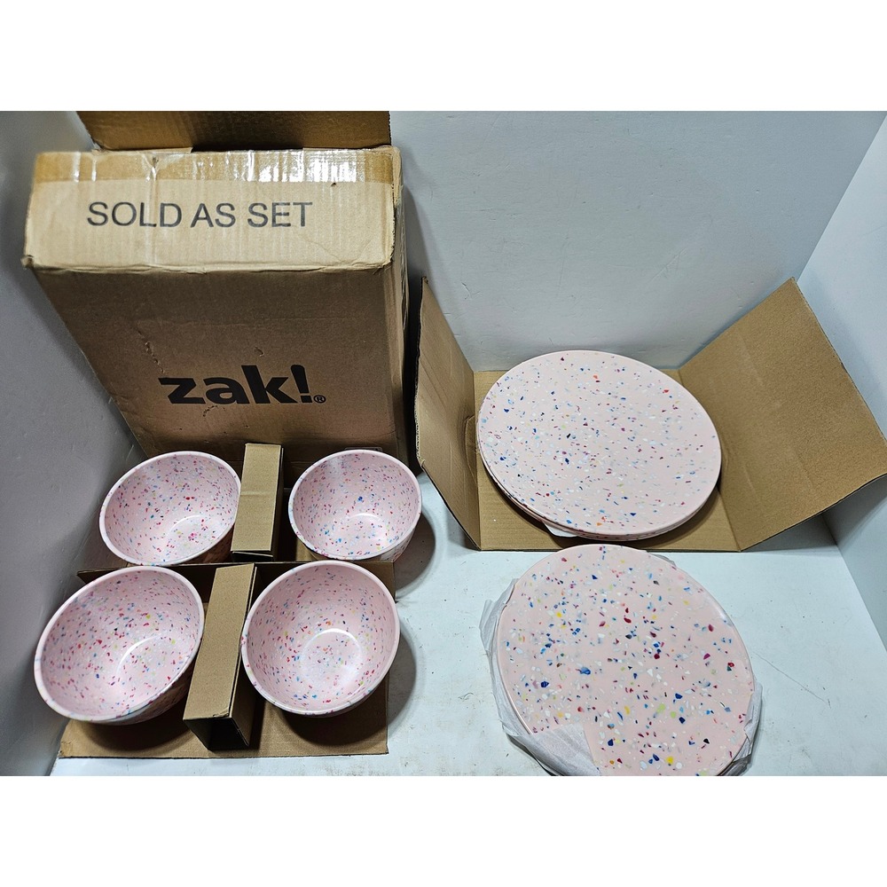Zak Designs Melamine Dinnerware Set 12-Piece Confetti Rose Pink Open Box